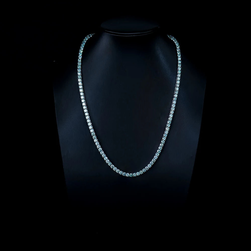 Green-Blue Tennis Necklace — 4mm Moissanite, 925 Silver, detail view