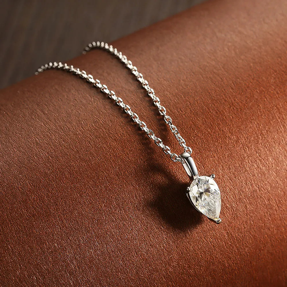 Pear Pendant Necklace — Moissanite & Zirconia Options, 925 Silver, detail view