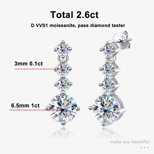 Solid Drop Earrings — Moissanite, 925 Silver, detail view