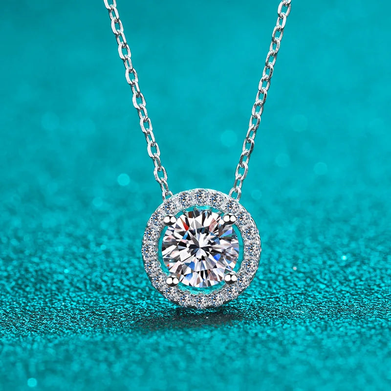 Halo Pendant Necklace — Moissanite, 925 Silver, detail view