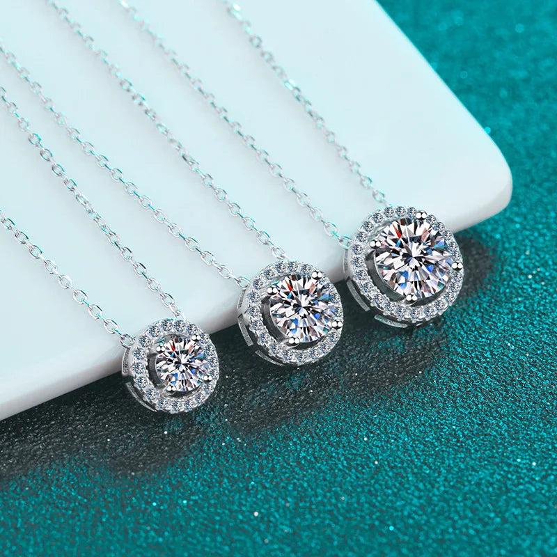 Halo Pendant Necklace — Moissanite, 925 Silver, detail view