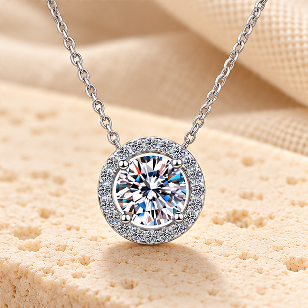 Halo Pendant Necklace — Moissanite, 925 Silver