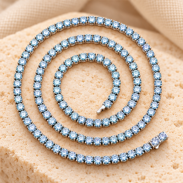 Green-Blue Tennis Necklace — 4mm Moissanite, 925 Silver