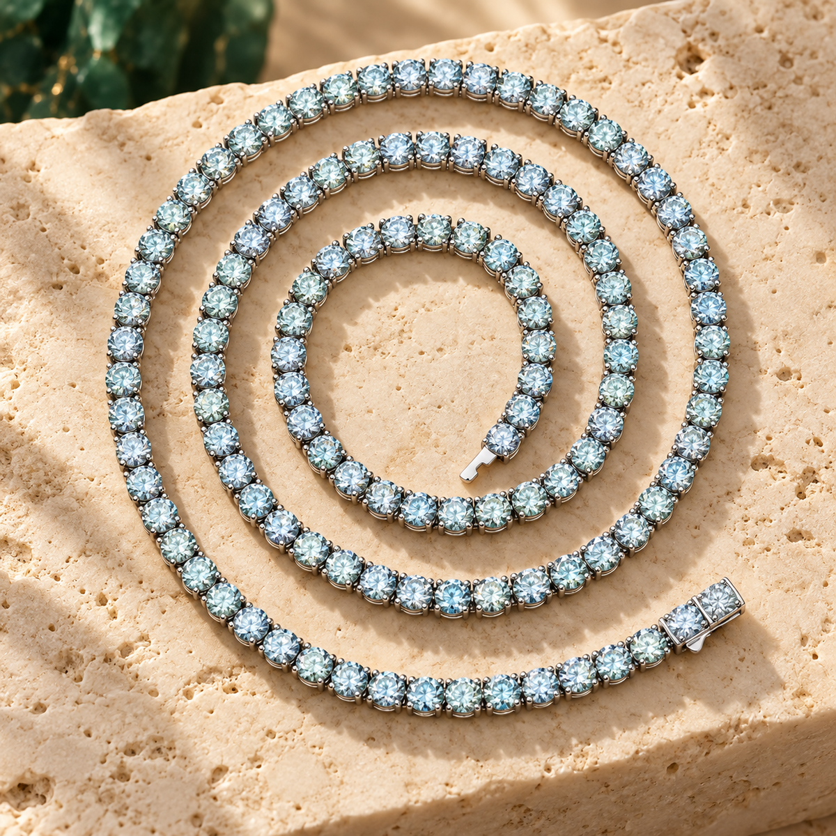 Green-Blue Tennis Necklace — 4mm Moissanite, 925 Silver, detail view