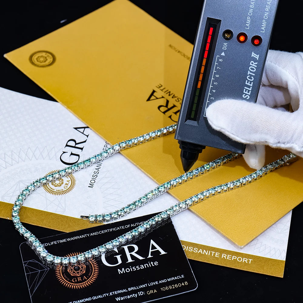Green-Blue Tennis Necklace — 4mm Moissanite, 925 Silver, detail view