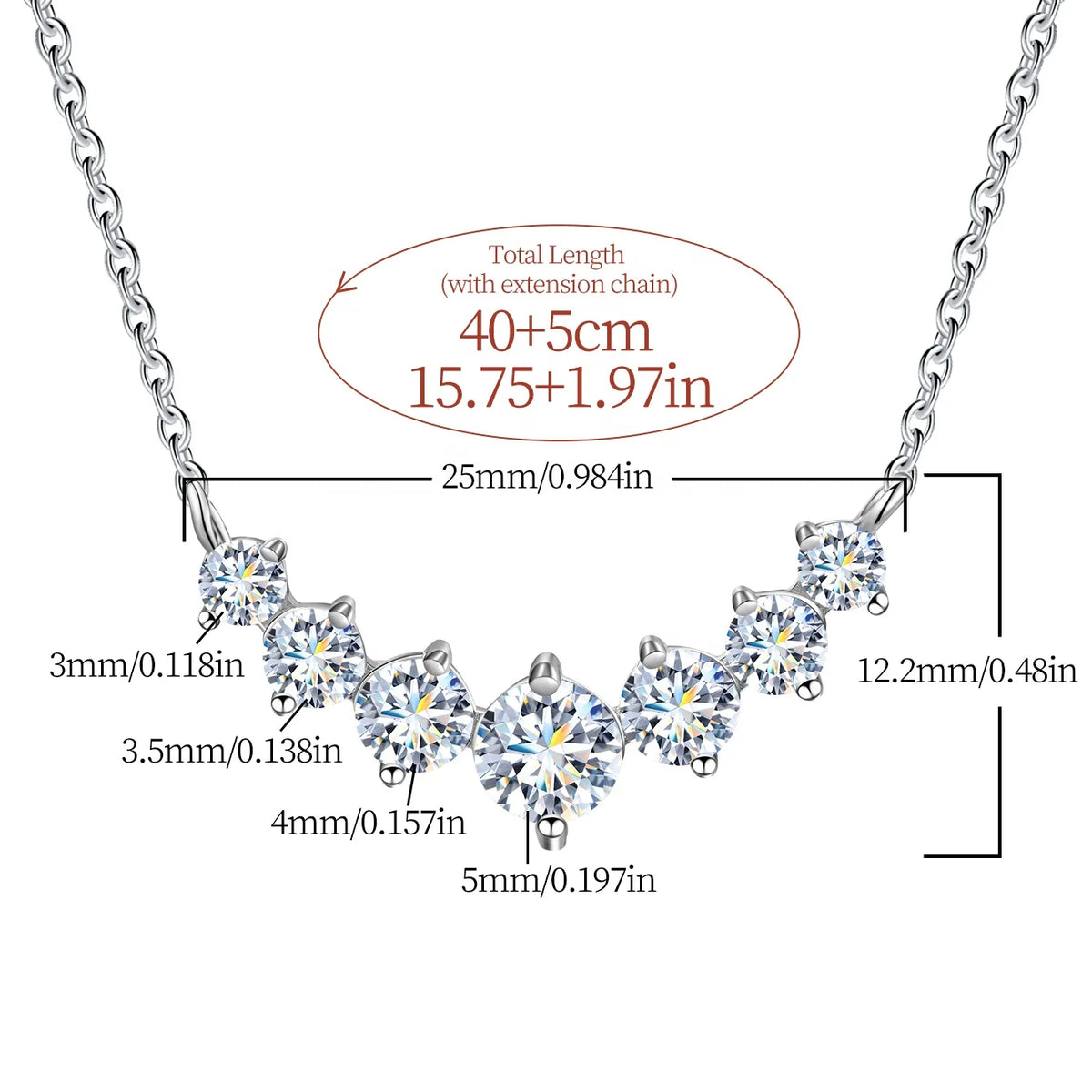 Seven-Stone Pendant Necklace — Moissanite, 925 Silver, detail view